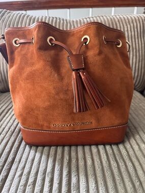 *SOLD*Dooney & Bourke Cognac Suede Tassel Drawstring Bucket Bag